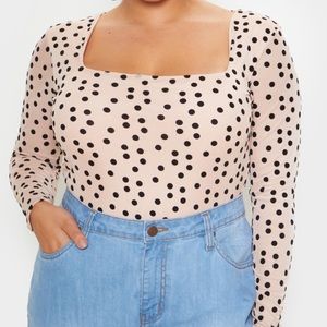 Plus Stone Polka Dot Mesh Square Neck Bodysuit